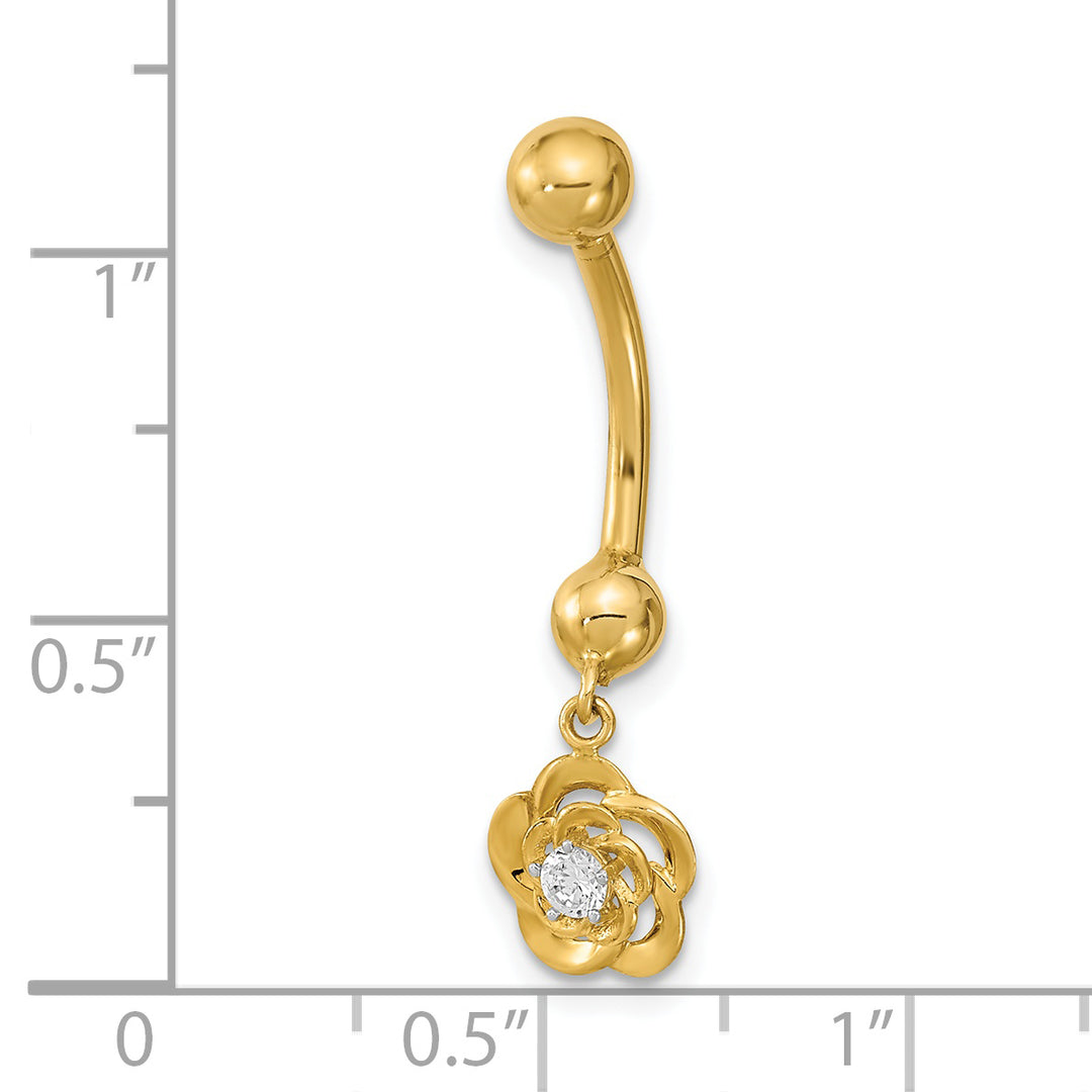 14k Gold Dangle Flower Belly Button Ring, 14 Gauge