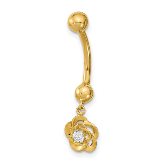 14k Gold Dangle Flower Belly Button Ring, 14 Gauge