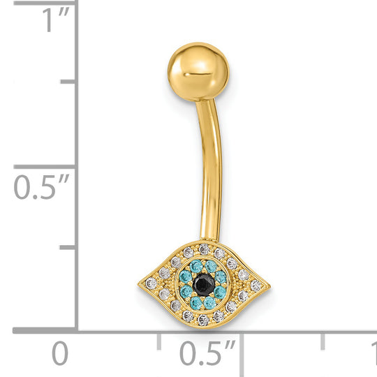 14k Gold 14 Gauge Turkish Evil Eye Belly Button Ring with Cubic Zirconia