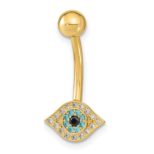 14k Gold 14 Gauge Turkish Evil Eye Belly Button Ring with Cubic Zirconia