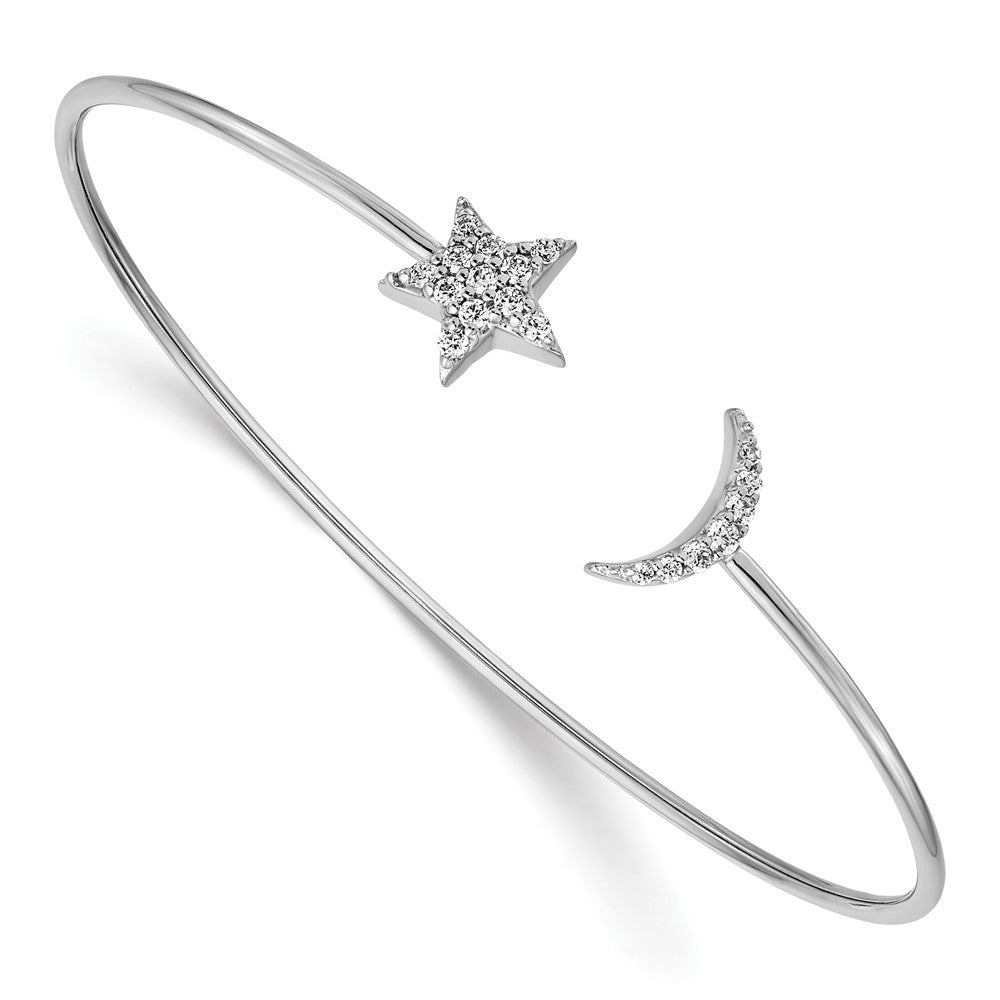  Brazalete tipo Esclava Flexible con Diamantes en forma de Luna y Estrella en Oro Blanco de 14K