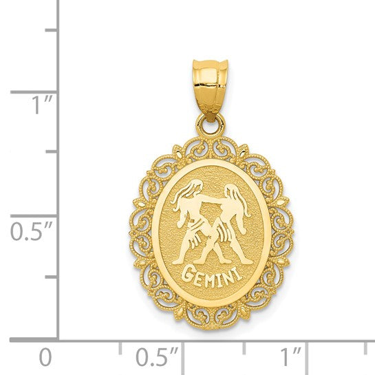 Dije Ovalado de Zodiaco Géminis de Oro Sólido de 14k Satinado y Pulido