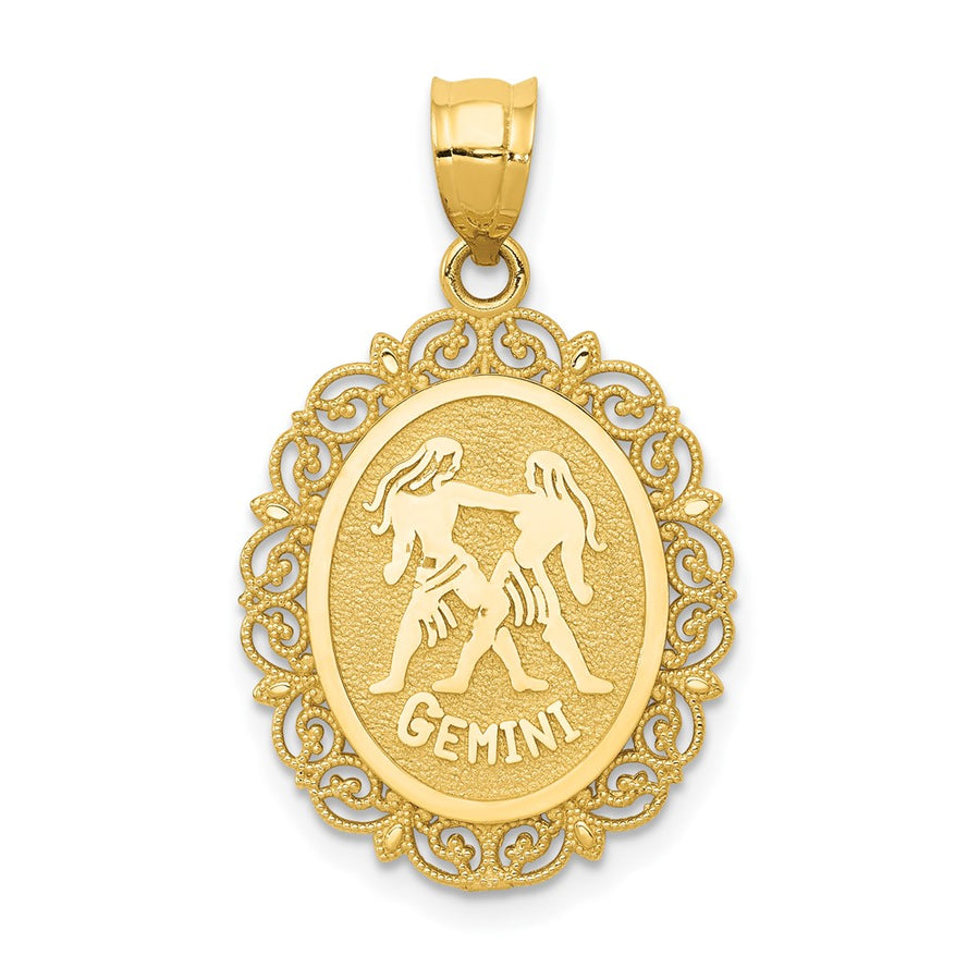 Dije Ovalado de Zodiaco Géminis de Oro Sólido de 14k Satinado y Pulido
