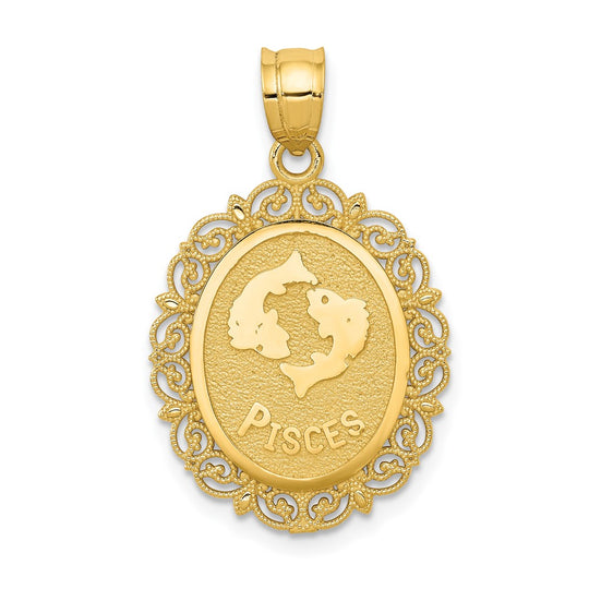 Pisces Zodiac Oval Pendant in 14k Yellow Gold with Satin and Polished Finish