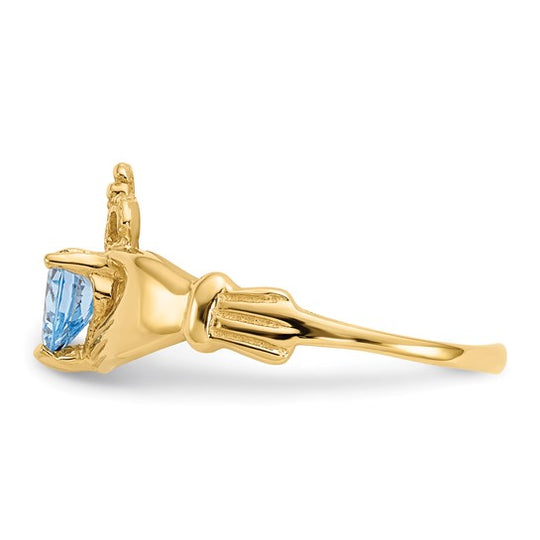 March Birthstone Claddagh Ring in 14K Yellow Gold with Cubic Zirconia