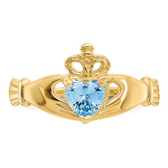 March Birthstone Claddagh Ring in 14K Yellow Gold with Cubic Zirconia