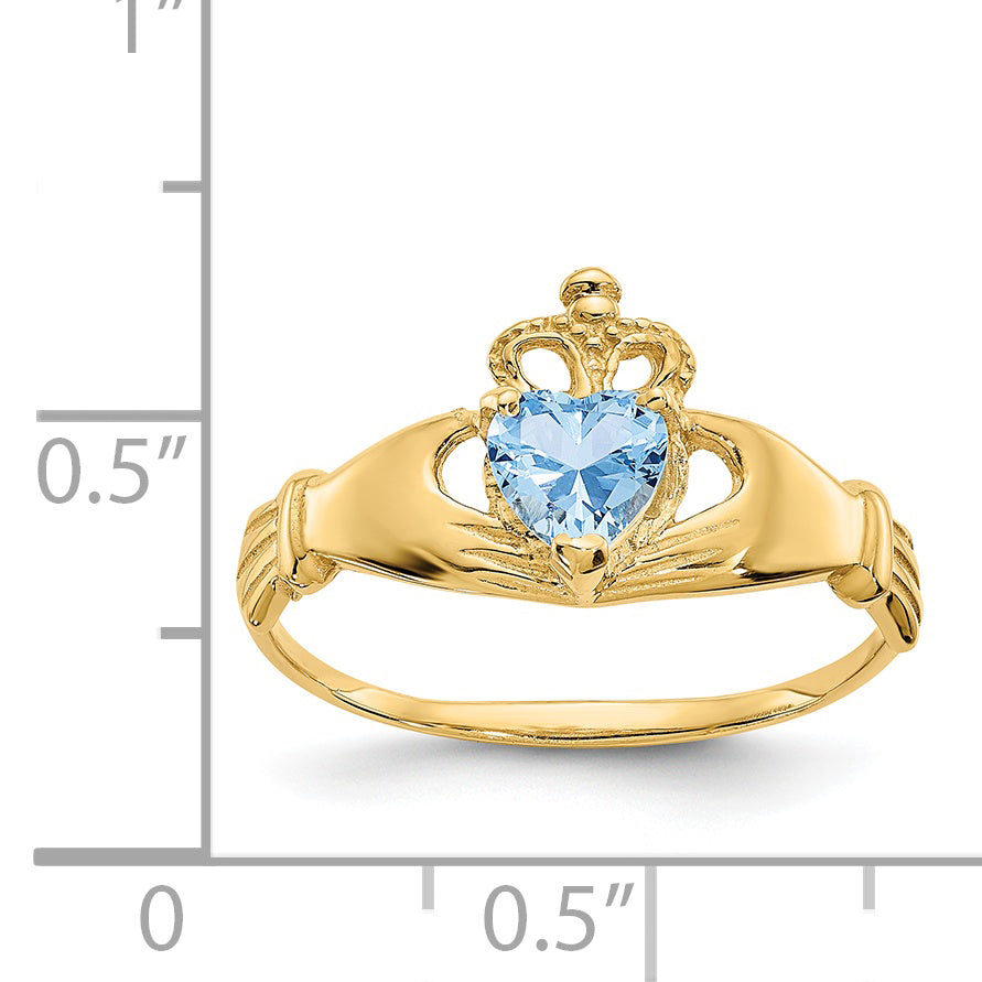 March Birthstone Claddagh Ring in 14K Yellow Gold with Cubic Zirconia
