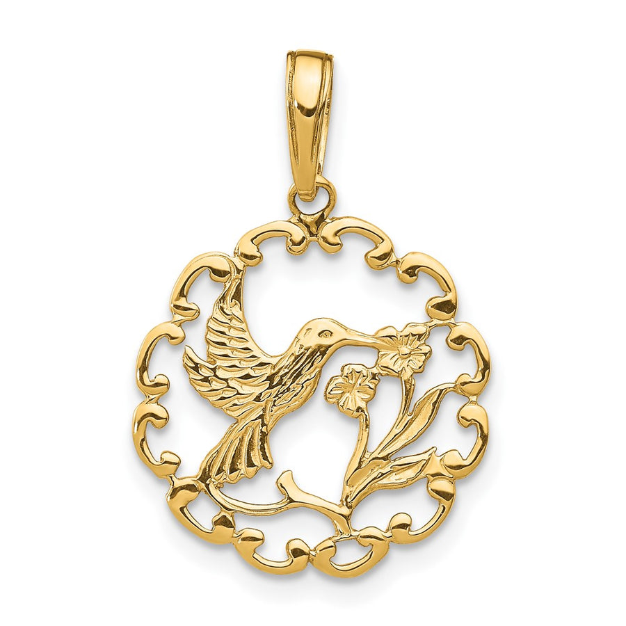 Colgante Colibrí con Flor en Marco en Oro de 14k