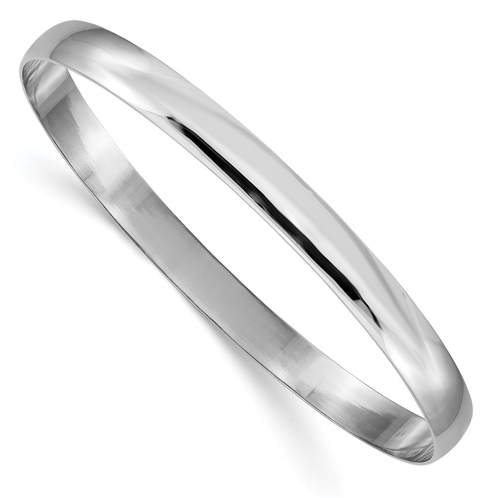 Pulsera Bangle de Oro Blanco de 14k Sólida, Pulida y Media Redonda de 6 mm