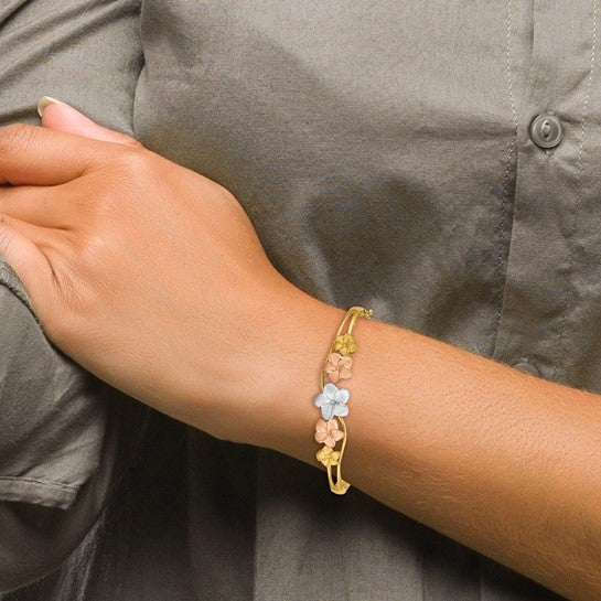 14K Tri-color Plumeria Hinged Bangle Bracelet