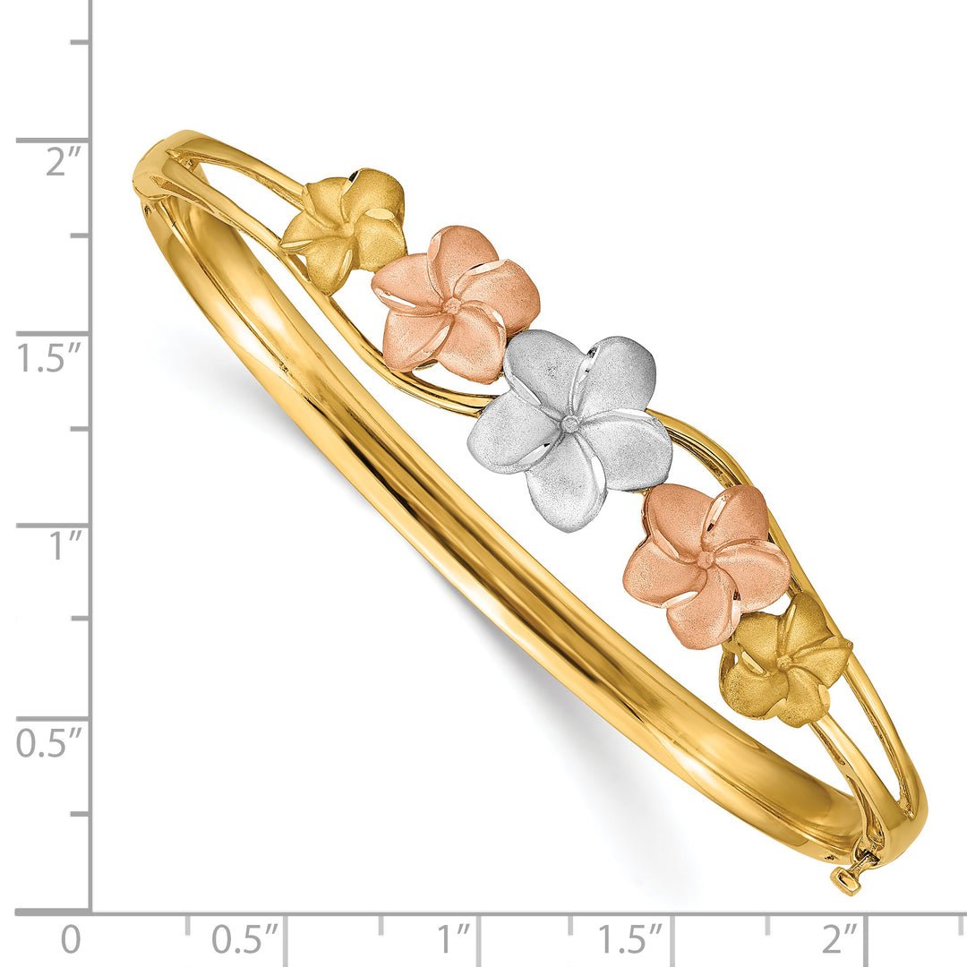 14K Tri-color Plumeria Hinged Bangle Bracelet