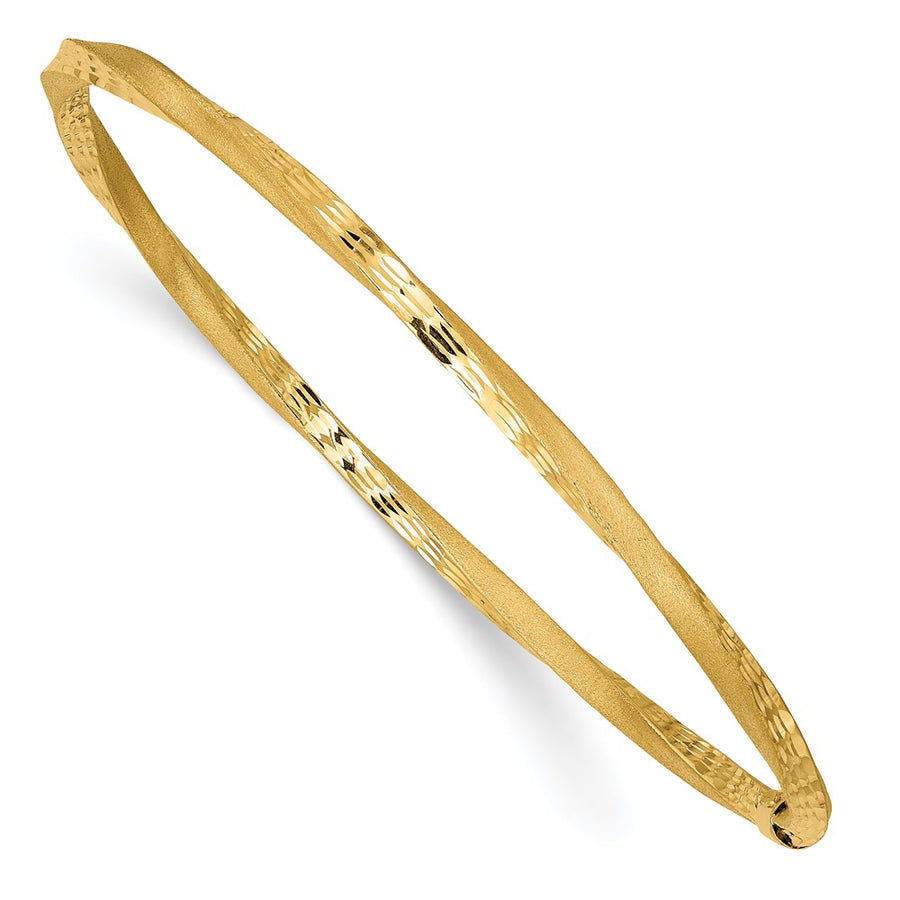  Brazalete Redondo de Oro Amarillo 14K – Torcido, Acabado Satinado y Diamantado, 3 mm, Tipo Slip-On