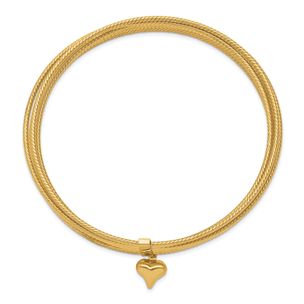 Set of 7 14k Textured Bangle Bracelets with Dangling Heart