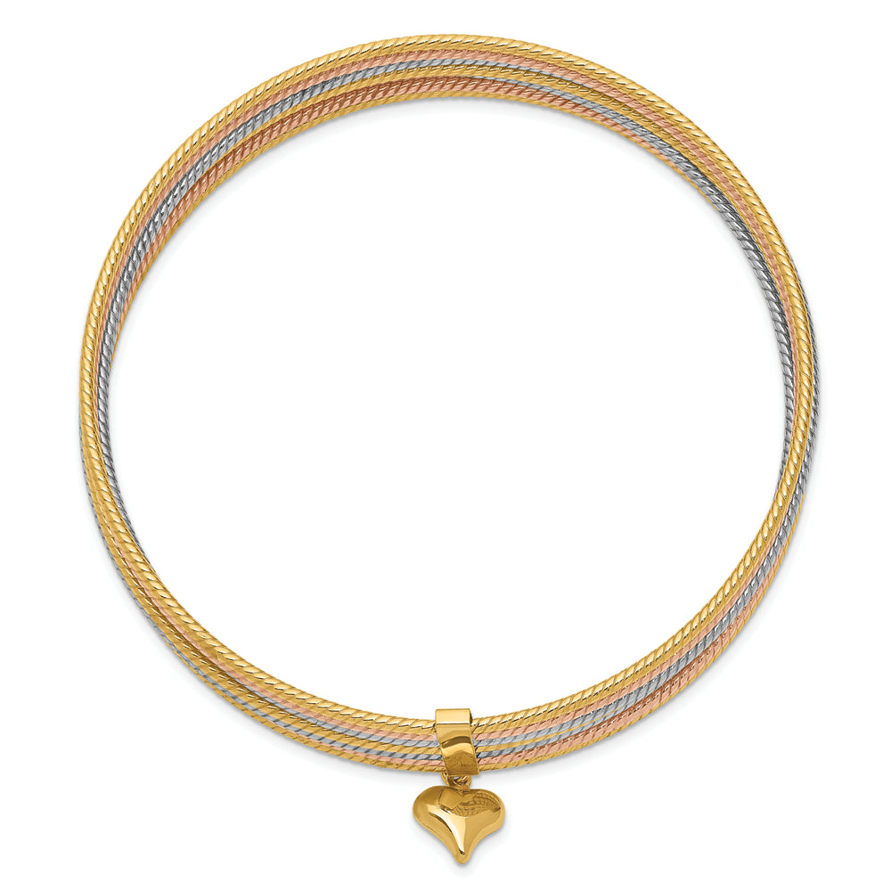 Set of 7 14k Tri-Color Textured Bangle Bracelets with Dangling Heart