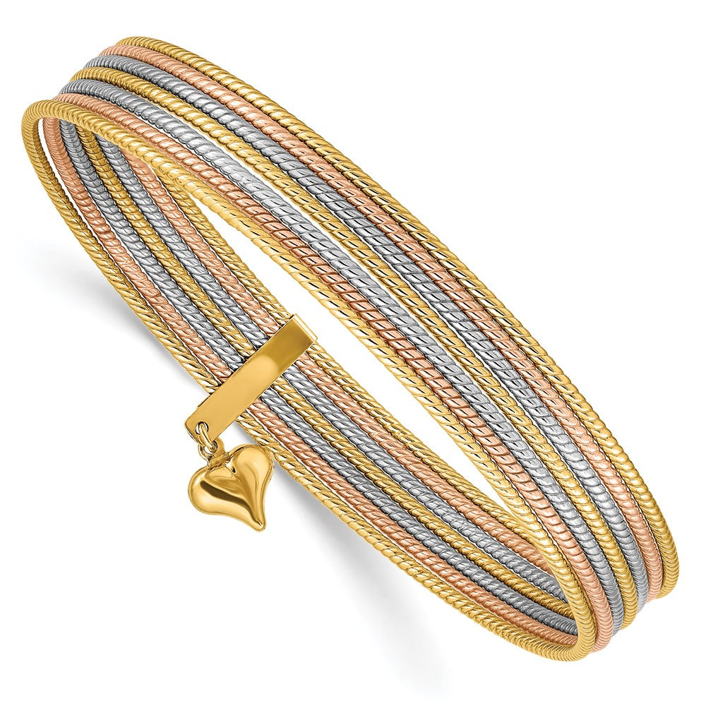 Set of 7 14k Tri-Color Textured Bangle Bracelets with Dangling Heart