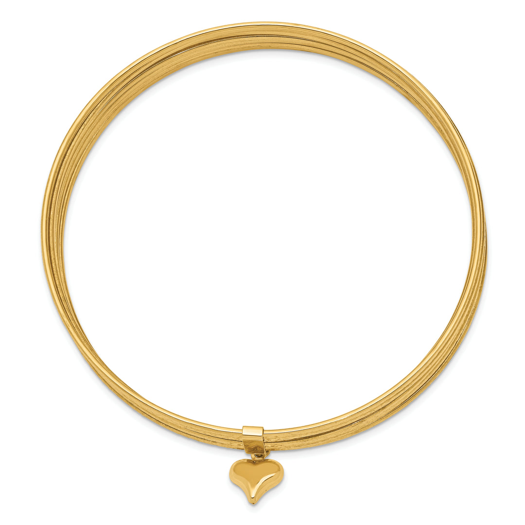 Set of 7 14k Yellow Gold Textured Bangle Bracelets with Dangling Heart
