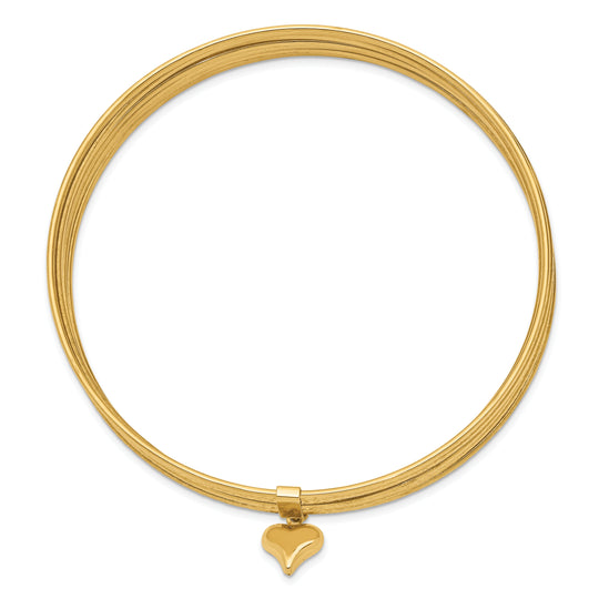 Set of 7 14k Yellow Gold Textured Bangle Bracelets with Dangling Heart