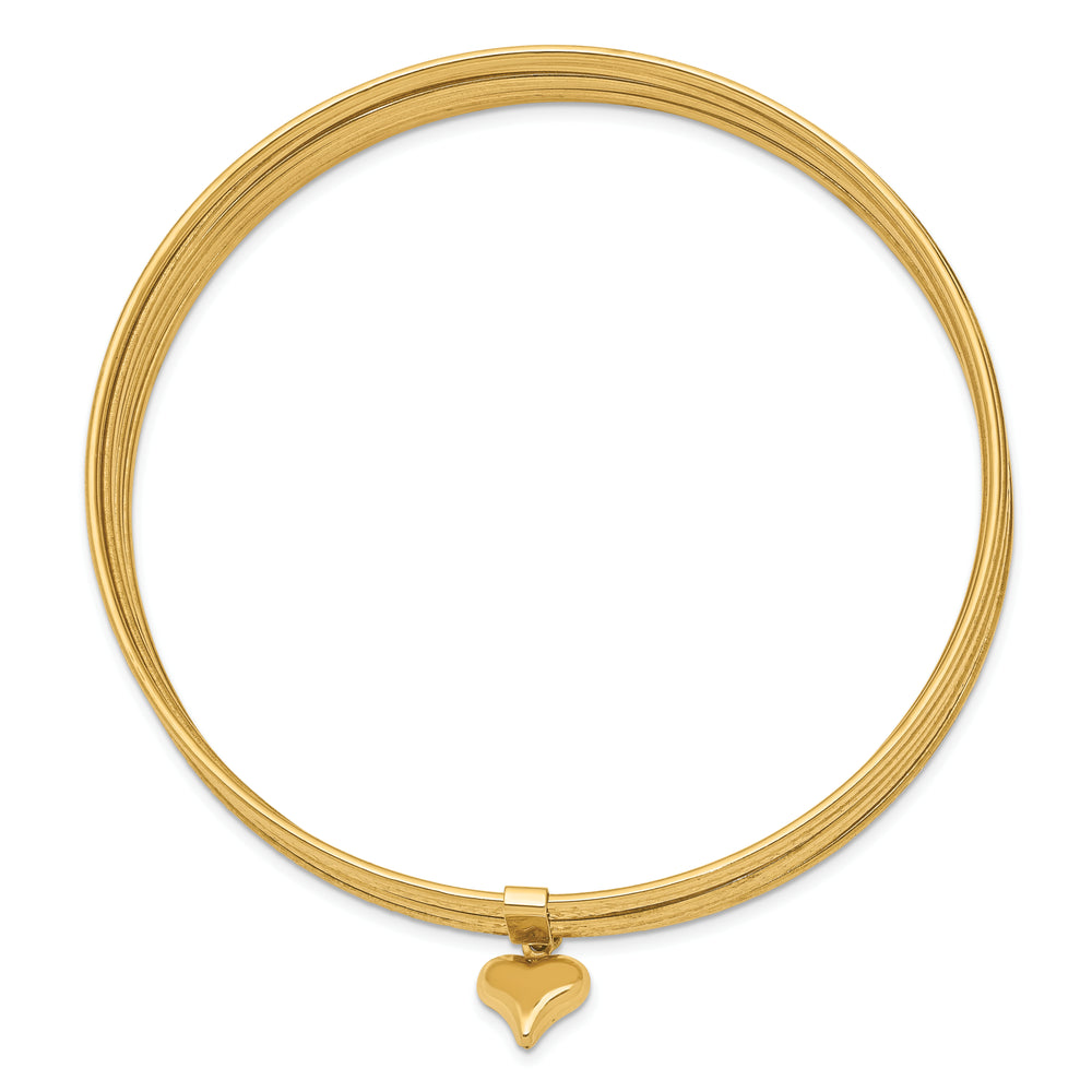 Set of 7 14k Yellow Gold Textured Bangle Bracelets with a Protruding Dangling Heart