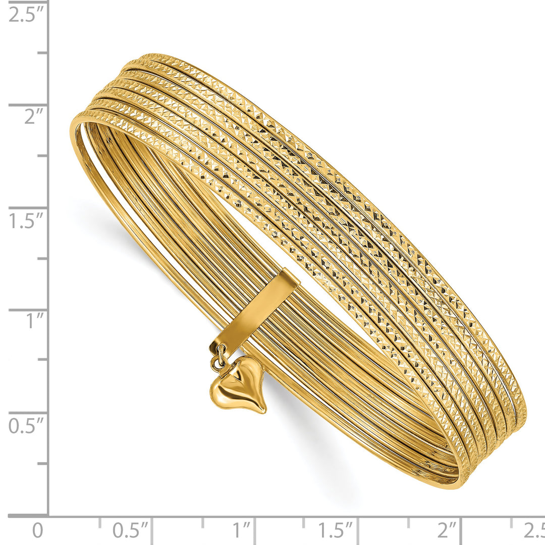 Set of 7 14k Yellow Gold Textured Bangle Bracelets with Dangling Heart