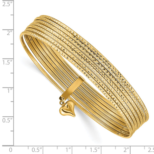 Set of 7 14k Yellow Gold Textured Bangle Bracelets with Dangling Heart
