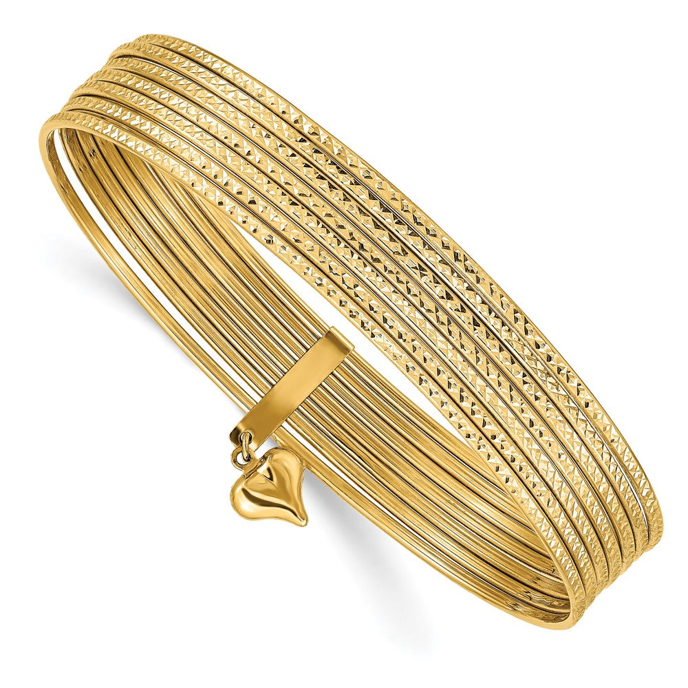 Set of 7 14k Yellow Gold Textured Bangle Bracelets with a Protruding Dangling Heart