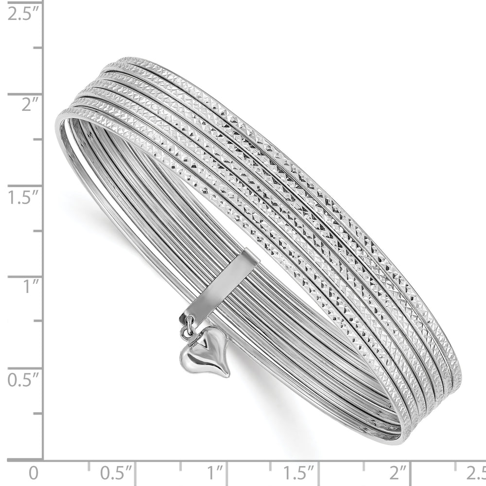 Set of 7 Oversized Bangle Bracelets in 14k White Gold with Hanging Textured Heart