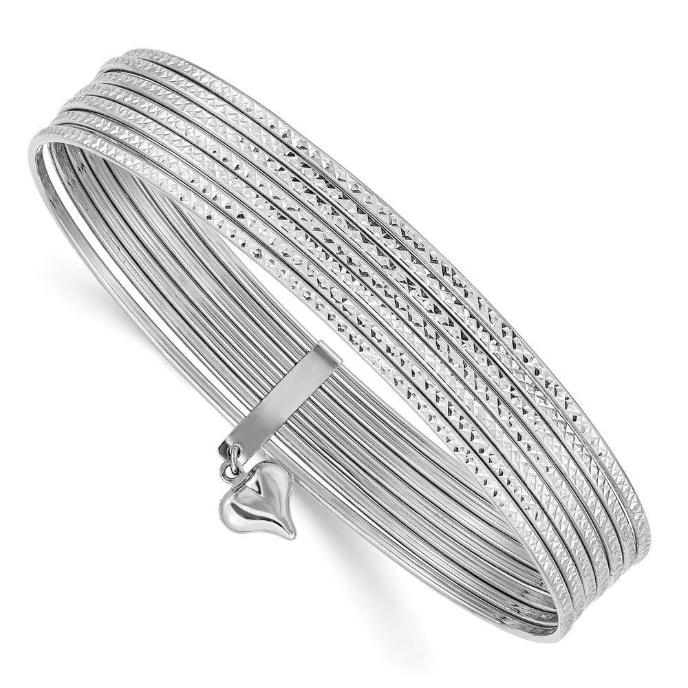 Set of 7 14k White Gold Bangle Bracelets with Hanging Textured Heart