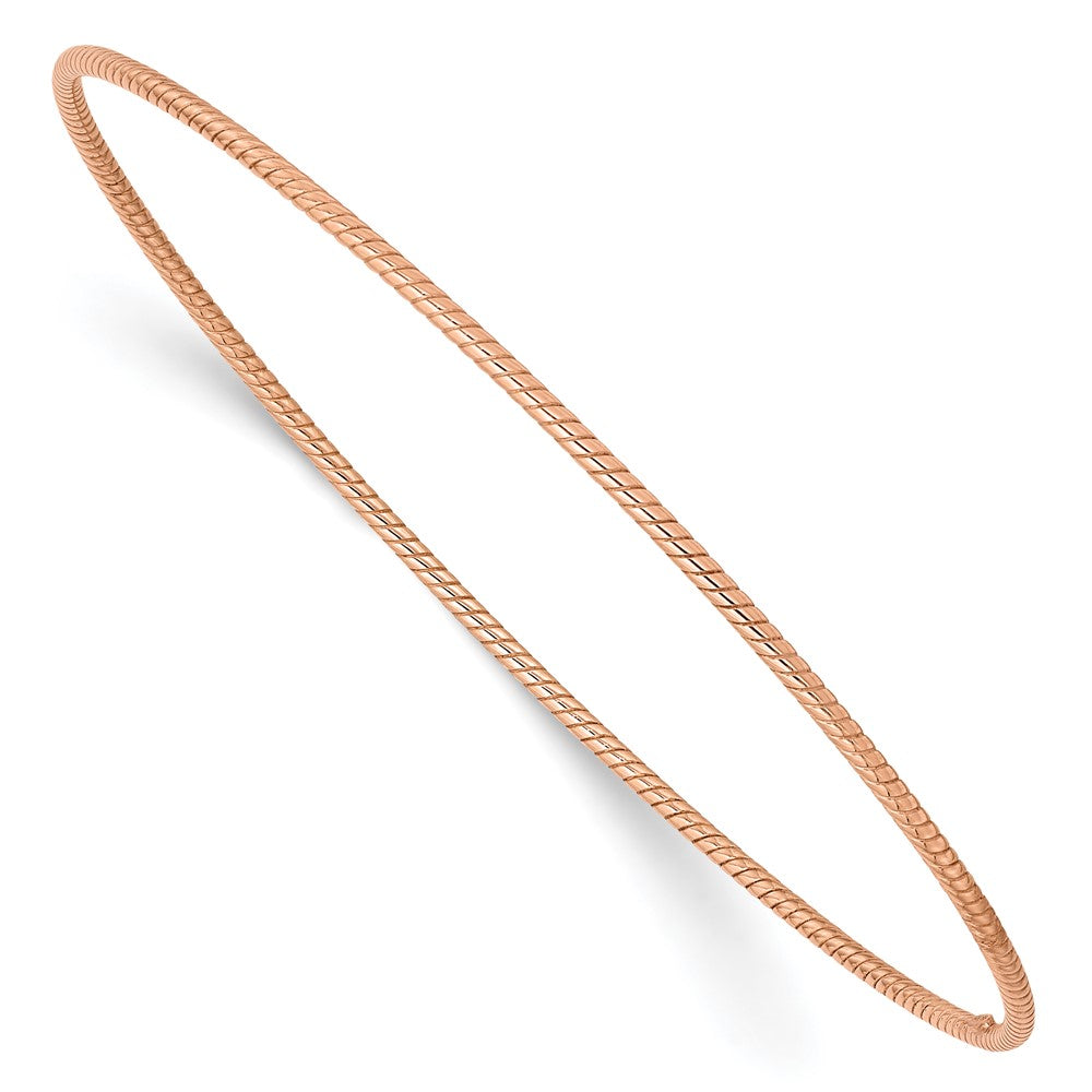 14K Rose Gold Round Bangle – Textured, Polished, 1.5mm Twist Design