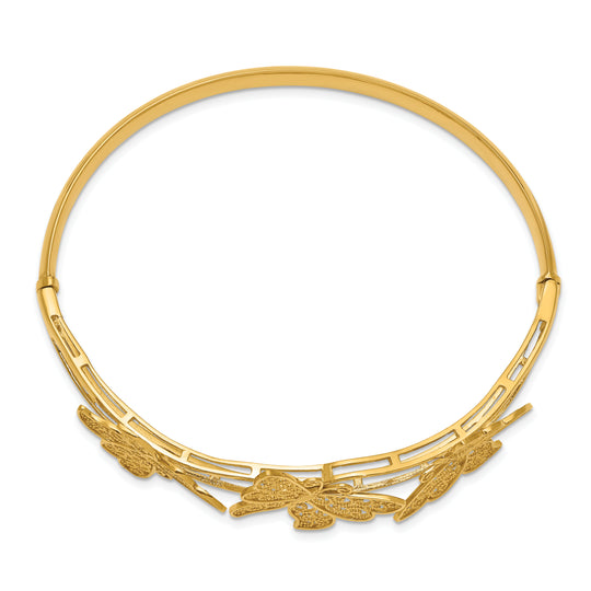 14K Yellow Gold Filigree Butterfly Hinged Bangle Bracelet