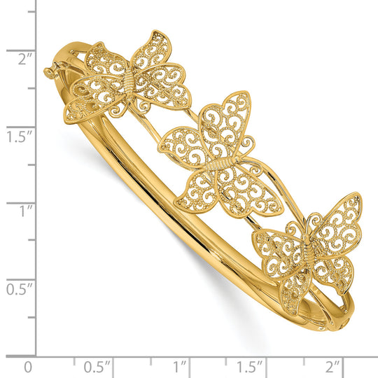 14K Yellow Gold Filigree Butterfly Hinged Bangle Bracelet