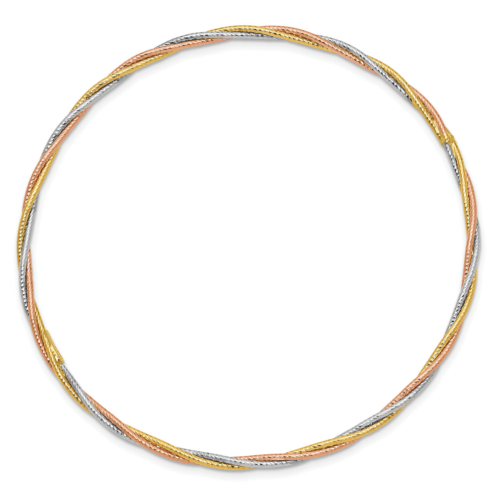 14k Gold Tri-Color Slip-on Bracelet with Diamond Cut and Twisted Texture