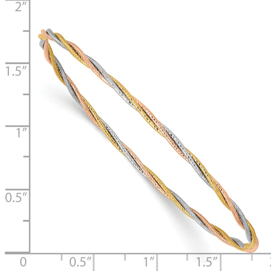 14k Gold Tri-Color Slip-on Bracelet with Diamond Cut and Twisted Texture