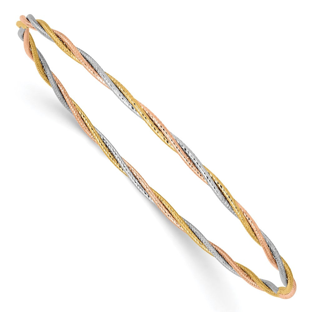 14k Gold Tri-Color Slip-on Bracelet with Diamond Cut and Twisted Texture