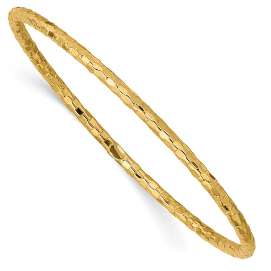 Pulsera Brazalete Redonda de Oro Amarillo de 14K, Texturizada y Pulida, 3.00 mm, Tipo “Slip-on”
