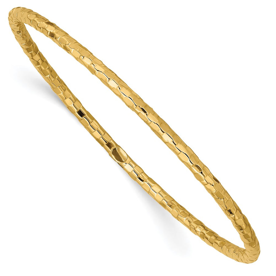 Pulsera Brazalete Redonda de Oro Amarillo de 14K, Texturizada y Pulida, 3.00 mm, Tipo “Slip-on”