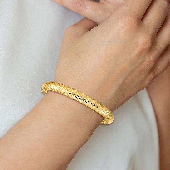 14K Yellow Gold Textured Hinged Bangle with Polished Finish