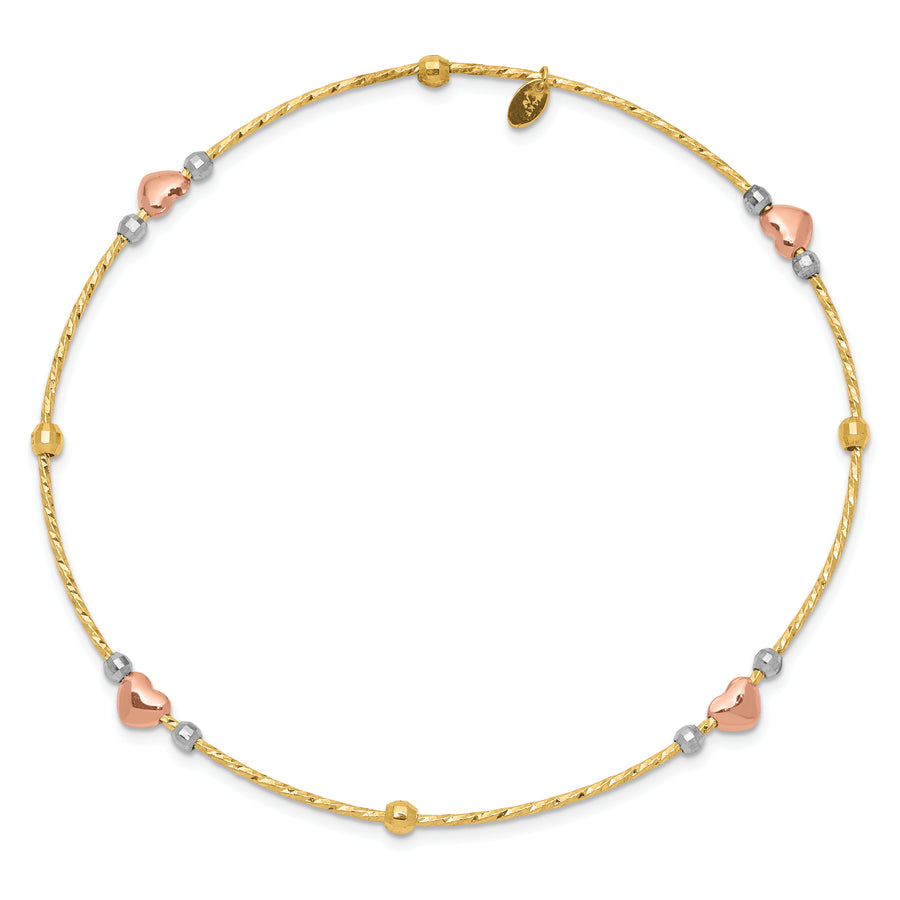 Pulsera Brazalete Redondo de 14k en Oro Tricolor con Corazones y Cuentas de Corte Diamante – Tipo Slip-On