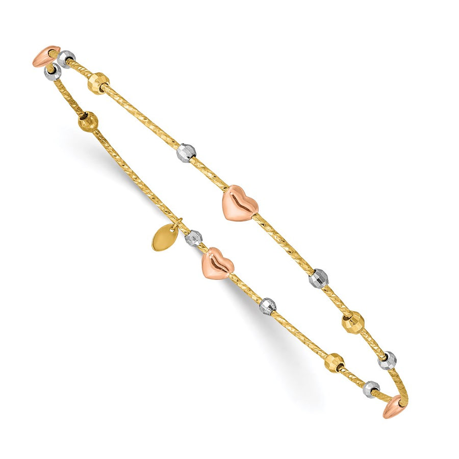 Pulsera Brazalete Redondo de 14k en Oro Tricolor con Corazones y Cuentas de Corte Diamante – Tipo Slip-On