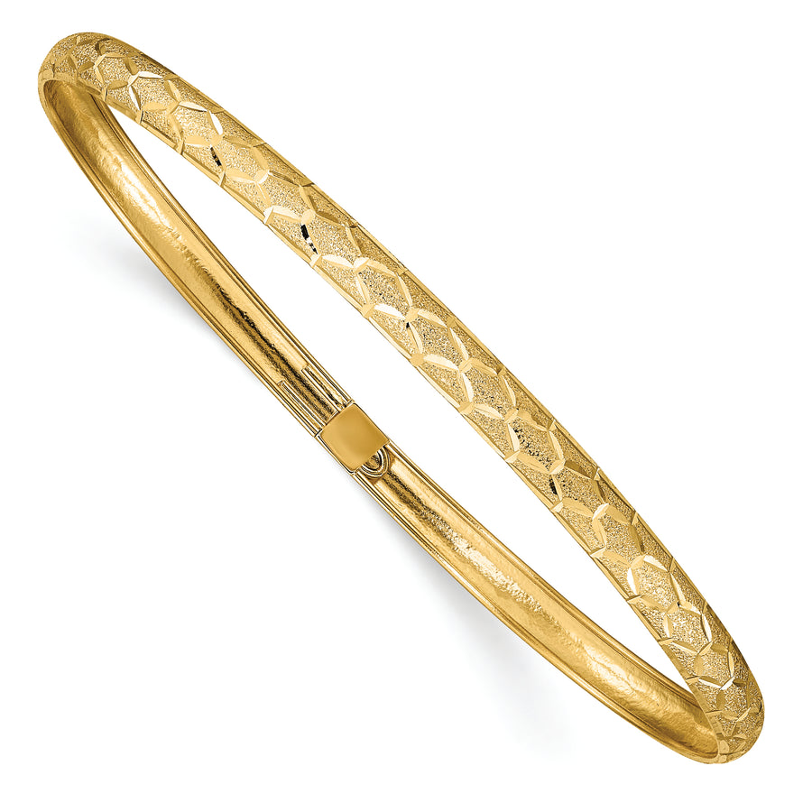  Brazalete Ovalado Flexible de Oro Amarillo 14K – Diseño Hexagonal, Corte Diamantado, 4.5 mm