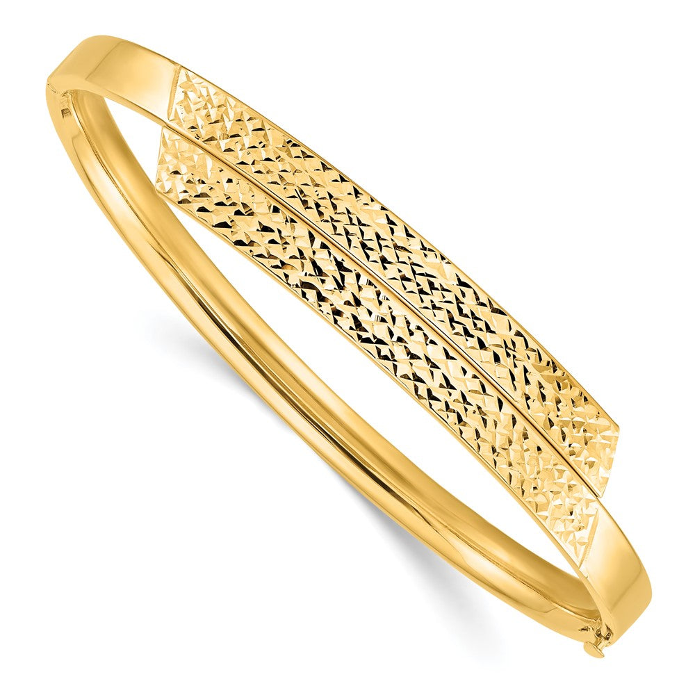 Pulsera Bangle de Oro Amarillo de 14k, 3/16", Pulida y con Corte Diamantado, Con Superposición y Bisagra
