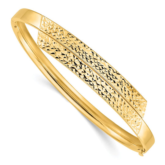 Pulsera Bangle de Oro Amarillo de 14k, 3/16", Pulida y con Corte Diamantado, Con Superposición y Bisagra