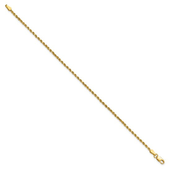 Cadena de Cuerda Semi-Sólida D/C de Oro Amarillo de 14K, 8 Pulgadas, 2 mm con Broche Tipo Langosta