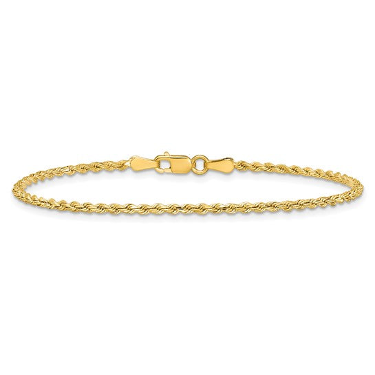 Cadena de Cuerda Semi-Sólida D/C de Oro Amarillo de 14K, 8 Pulgadas, 2 mm con Broche Tipo Langosta