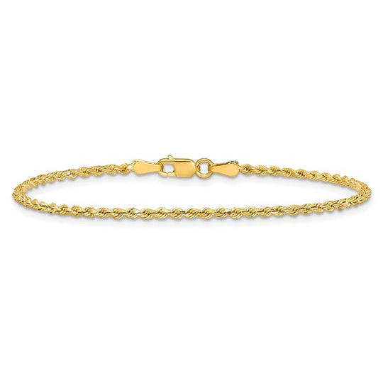 Cadena de Cuerda Semi-Sólida D/C de Oro Amarillo de 14K, 8 Pulgadas, 2 mm con Broche Tipo Langosta