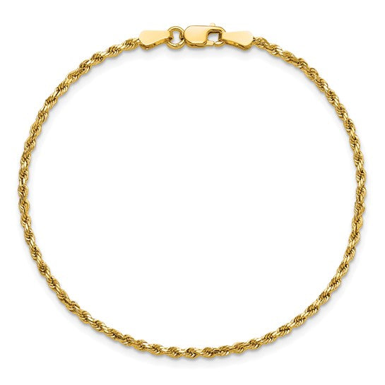 Cadena de Cuerda Semi-Sólida D/C de Oro Amarillo de 14K, 8 Pulgadas, 2 mm con Broche Tipo Langosta