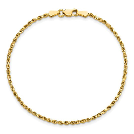 Cadena de Cuerda Semi-Sólida D/C de Oro Amarillo de 14K, 8 Pulgadas, 2 mm con Broche Tipo Langosta