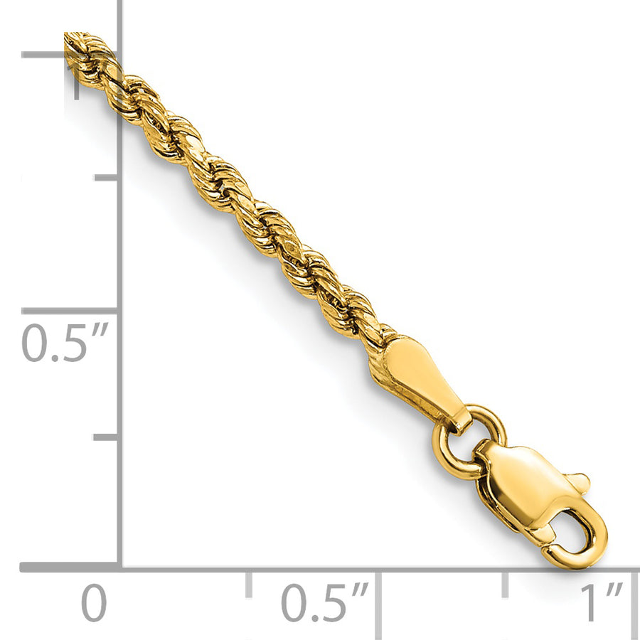 Pulsera de Cuerda con Corte Diamantado de Oro Amarillo 14K – 7 Pulgadas, 2.25 mm (Semi Sólida)
