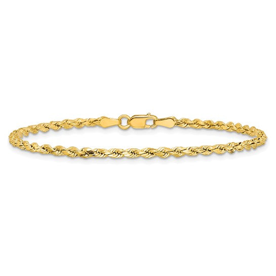 Pulsera de Cuerda Semi-Sólida con Corte Diamantado de 14k Oro Amarillo, 7 pulgadas, 2.5 mm con Cierre de Langosta