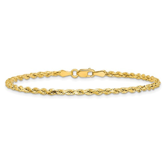 Pulsera de Cuerda Semi-Sólida con Corte Diamantado de 14k Oro Amarillo, 7 pulgadas, 2.5 mm con Cierre de Langosta