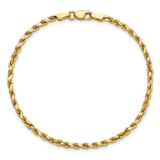 Pulsera de Oro Amarillo de 14K, 8 Pulgadas, 2.5 mm, Estilo Cuerda Semi-Sólida con Corte Diamante y Cierre de Langosta